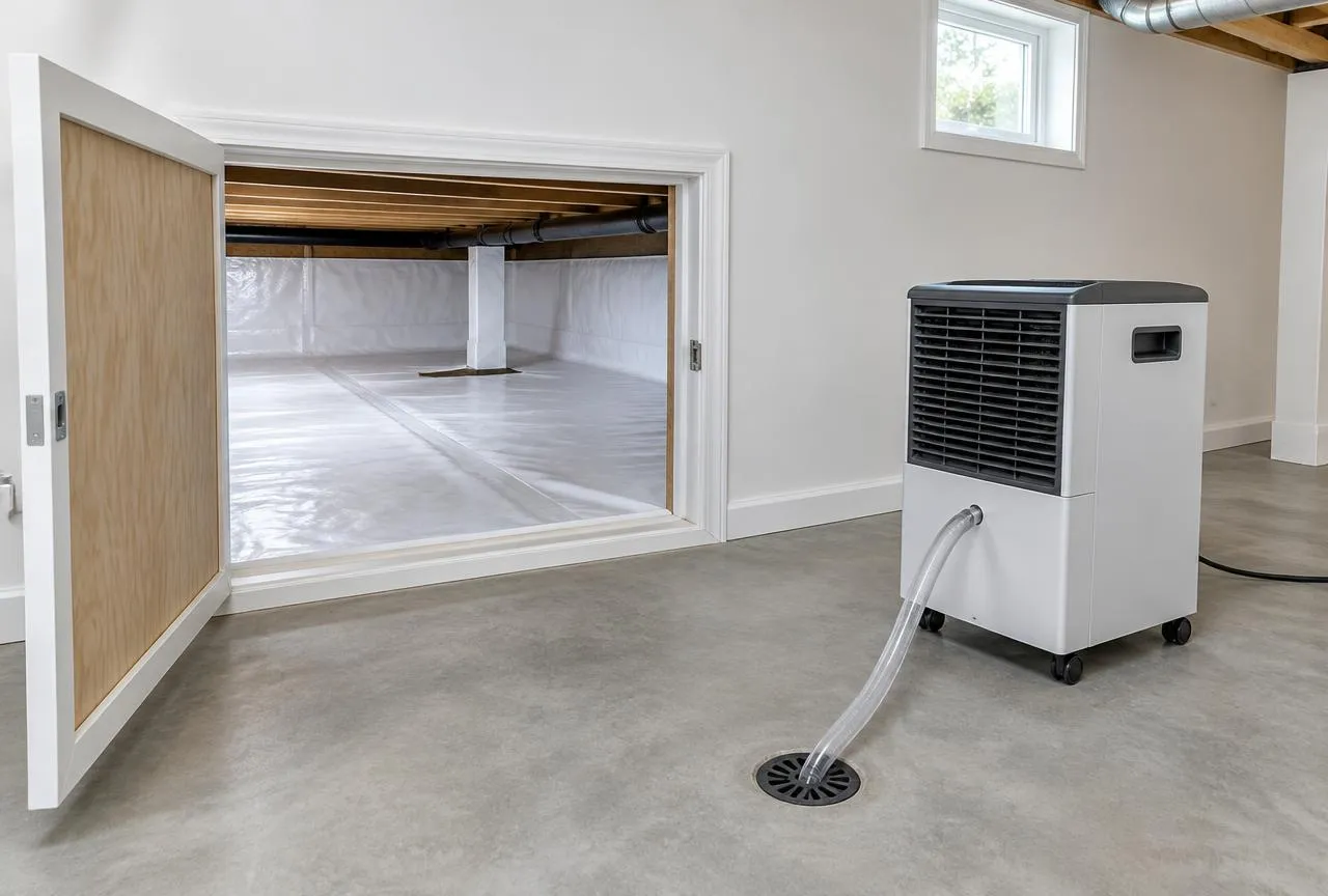 Illustration of crawl space vapor barrier and dehumidifier for moisture prevention